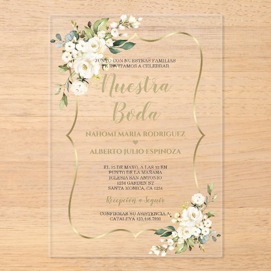 Witte Bloemen Goud Spaanse Nuestra Boda Kalligrafi Acryl Uitnodigingen (Voorkant)