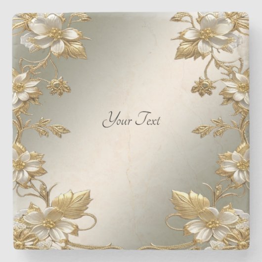 Witte Bloemen Goud Steen Onderzetter (Voorkant)