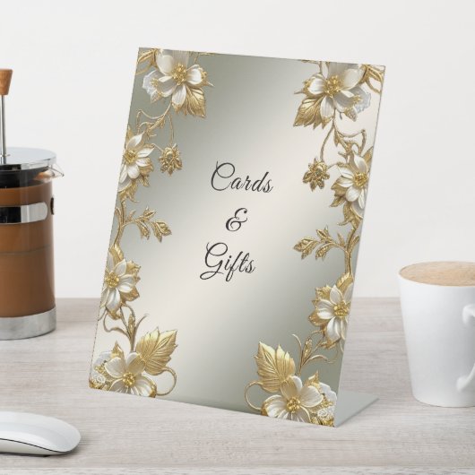 Witte Bloemen Goud  Tafelblad Tekens Reclamebord Met Voetstuk (Insitu)