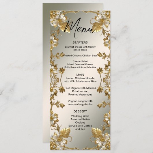 Witte Bloemen Goud  Trouwmenu Menu (Voorkant / Achterkant)