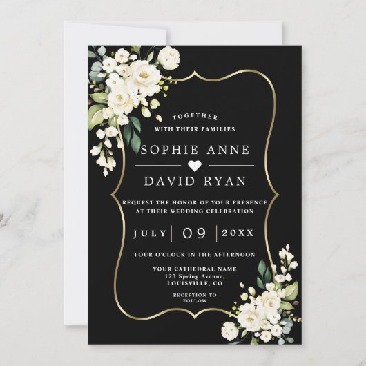 Witte Bloemen Goud Zwart All In One Trouw  Kaart (Voorkant)