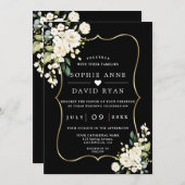 Witte Bloemen Goud Zwart All In One Trouw  Kaart (Voorkant / Achterkant)