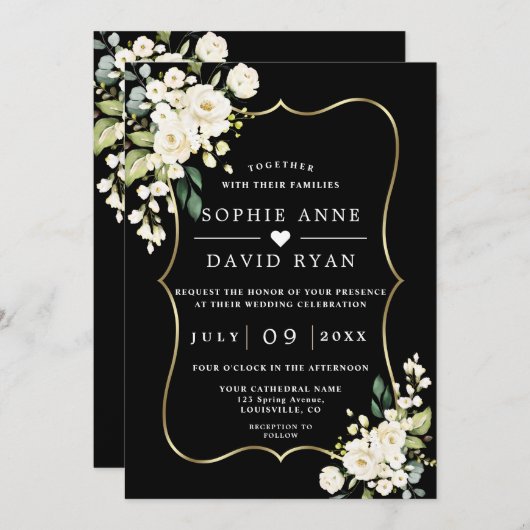 Witte Bloemen Goud Zwart All In One Trouw  Kaart (Voorkant / Achterkant)