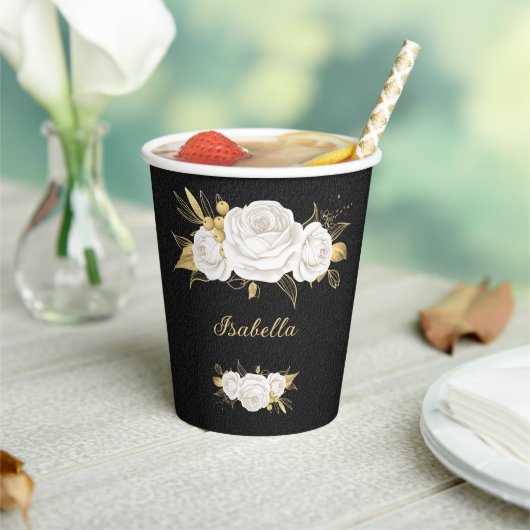 witte bloemen gouden bladeren zwart papieren bekers (Insitu)