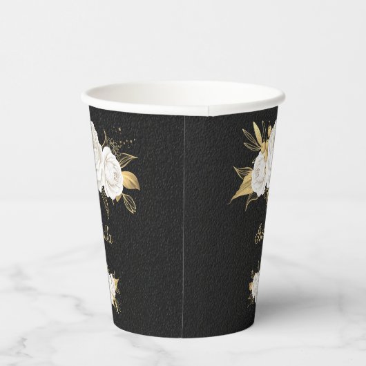 witte bloemen gouden bladeren zwart papieren bekers (Rechts)