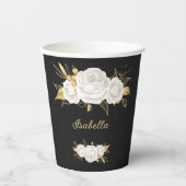 witte bloemen gouden bladeren zwart papieren bekers (Voorkant)