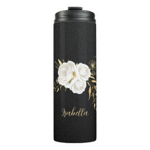 Witte bloemen gouden bladeren zwart thermosbeker