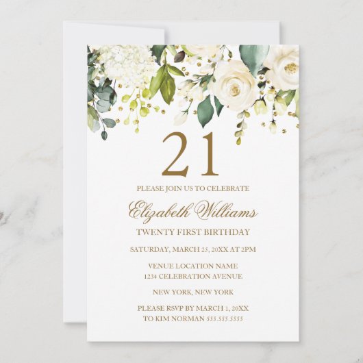 Witte Bloemen Gouden Confetti 21ste Verjaardag Kaart (Voorkant)