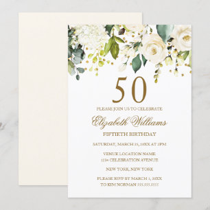 Witte Bloemen Gouden Confetti 50ste Verjaardag Kaart