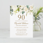 Witte Bloemen Gouden Confetti 90ste Verjaardag Kaart (Staand voorkant)