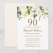 Witte Bloemen Gouden Confetti 90ste Verjaardag Kaart (Voorkant / Achterkant)