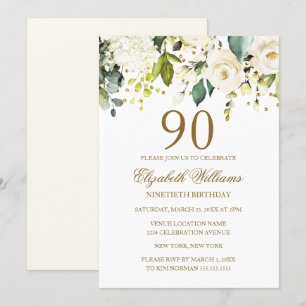 Witte Bloemen Gouden Confetti 90ste Verjaardag Kaart