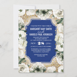 Witte Bloemen Gouden Confetti Krans Navy Wedding Kaart