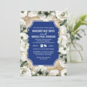 Witte Bloemen Gouden Confetti Krans Navy Wedding Kaart (Staand voorkant)