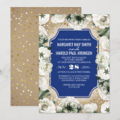Witte Bloemen Gouden Confetti Krans Navy Wedding Kaart (Voorkant / Achterkant)