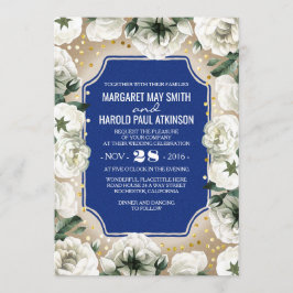 Witte Bloemen Gouden Confetti Krans Navy Wedding Kaart