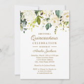 Witte Bloemen Gouden Confetti Quinceanera 15e Kaart (Voorkant)