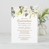 Witte Bloemen Gouden Confetti Quinceanera 15e Kaart (Staand voorkant)
