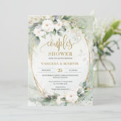 Witte bloemen gouden eucalyptusparen douchen kaart (Staand voorkant)