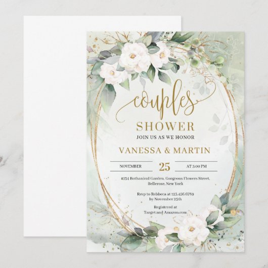 Witte bloemen gouden eucalyptusparen douchen kaart (Voorkant / Achterkant)