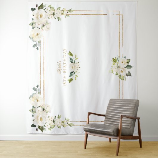 Witte Bloemen Gouden Fotobooth !8e Verjaardag Wandkleed (In situ)