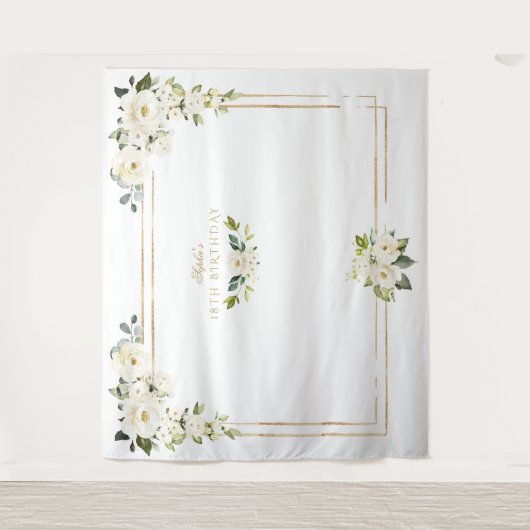 Witte Bloemen Gouden Fotobooth !8e Verjaardag Wandkleed (Voorkant)