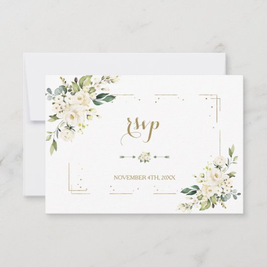 Witte Bloemen Gouden Glitter Frame Confetti Bruilo RSVP Kaartje (Voorkant)