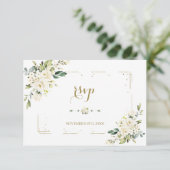 Witte Bloemen Gouden Glitter Frame Confetti Bruilo RSVP Kaartje (Staand voorkant)