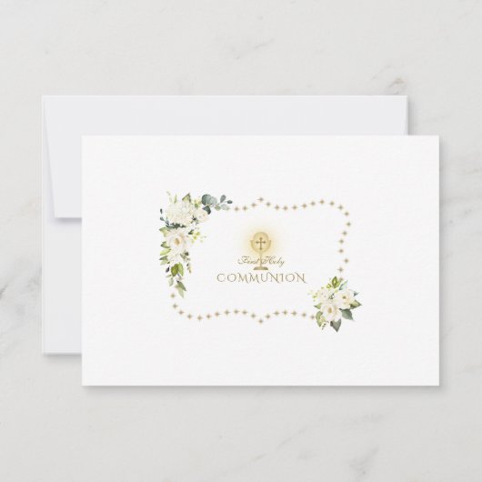 Witte Bloemen Gouden Glitters Holy Communion Bedankkaart (Achterkant)