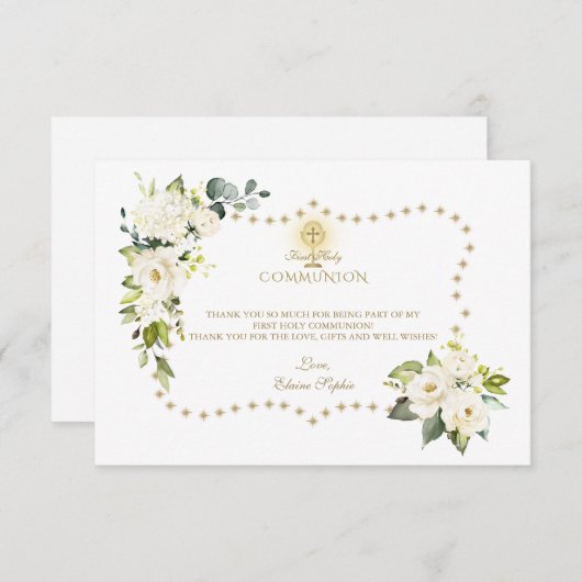 Witte Bloemen Gouden Glitters Holy Communion Bedankkaart (Voorkant / Achterkant)