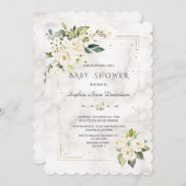 Witte Bloemen Gouden Glitters Marmer Baby Shower Kaart (Voorkant / Achterkant)