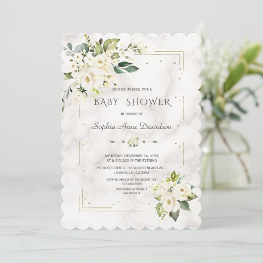 Witte Bloemen Gouden Glitters Marmer Baby Shower Kaart (Staand voorkant)
