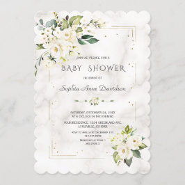 Witte Bloemen Gouden Glitters Marmer Baby Shower Kaart