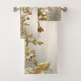 Witte Bloemen Gouden  Handdoek Set