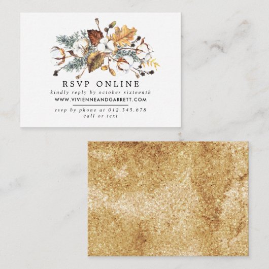 Witte Bloemen Gouden Herfst Bladeren Online RSVP Informatiekaartje (Voorkant / Achterkant)
