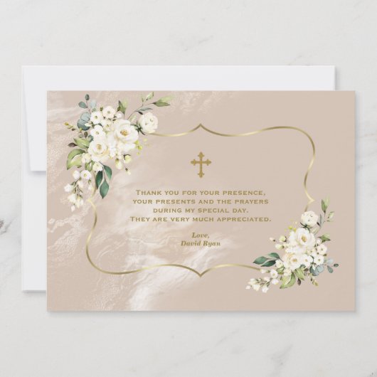 Witte Bloemen Gouden Jongen Foto 1e Verjaardag Doo Bedankkaart (Achterkant)