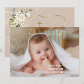 Witte Bloemen Gouden Jongen Foto 1e Verjaardag Doo Bedankkaart (Voorkant / Achterkant)