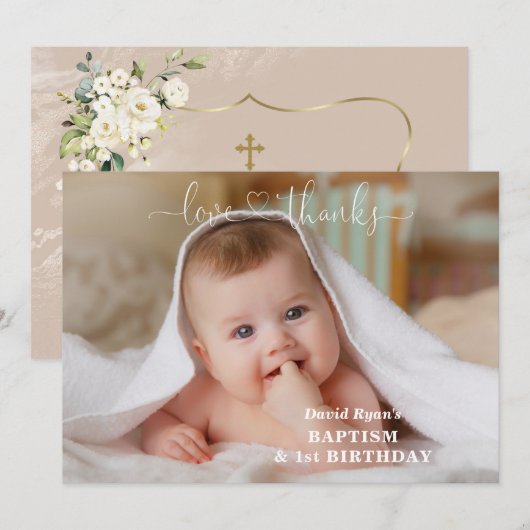 Witte Bloemen Gouden Jongen Foto 1e Verjaardag Doo Bedankkaart (Voorkant / Achterkant)