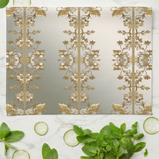 Witte Bloemen Gouden  Keuken Handdoeken (Gevouwen)
