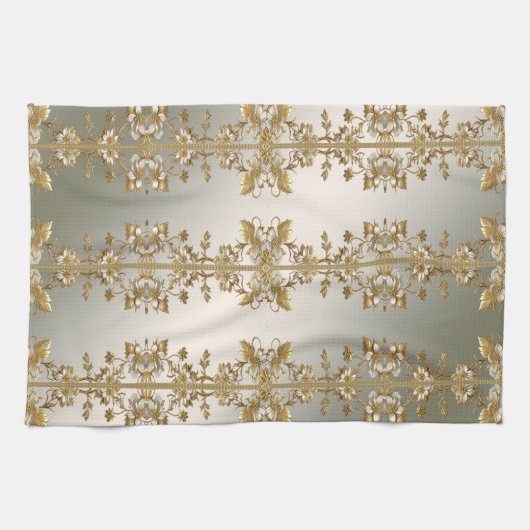 Witte Bloemen Gouden  Keuken Handdoeken (Horizontaal)