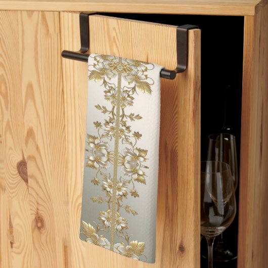 Witte Bloemen Gouden  Keuken Handdoeken (Derde Gevouwen)