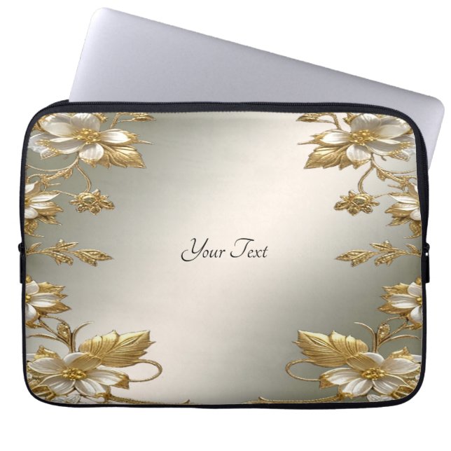 Witte Bloemen Gouden  Laptop Mouw Laptop Sleeve (Voorkant)