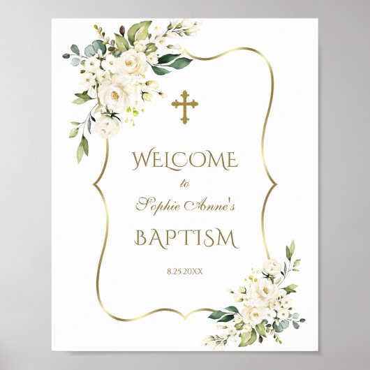 Witte Bloemen Gouden Lijst Doop Welkom Bord Poster (Voorkant)