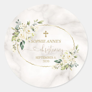 Witte Bloemen Gouden Marmer Doop Calligrafie Ronde Sticker
