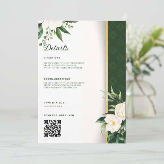 Witte Bloemen Gouden Streep Bruiloft Details Kaart (Staand voorkant)