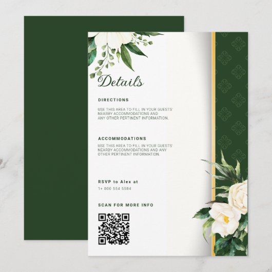 Witte Bloemen Gouden Streep Bruiloft Details Kaart (Voorkant / Achterkant)