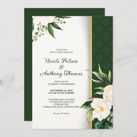 Witte Bloemen Gouden Streep Bruiloft uitnodiging (Voorkant / Achterkant)