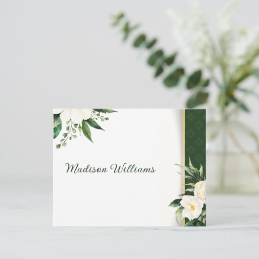 Witte Bloemen Gouden Streep Escort Kaart (Staand voorkant)