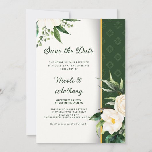 Witte Bloemen Gouden Streep Save-the-Date Kaart (Voorkant)