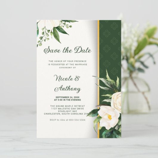 Witte Bloemen Gouden Streep Save-the-Date Kaart (Staand voorkant)
